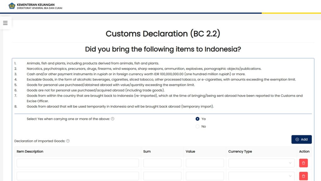 Daftar periksa barang yang dibatasi atau dinyatakan dalam formulir pemberitahuan pabean elektronik Indonesia