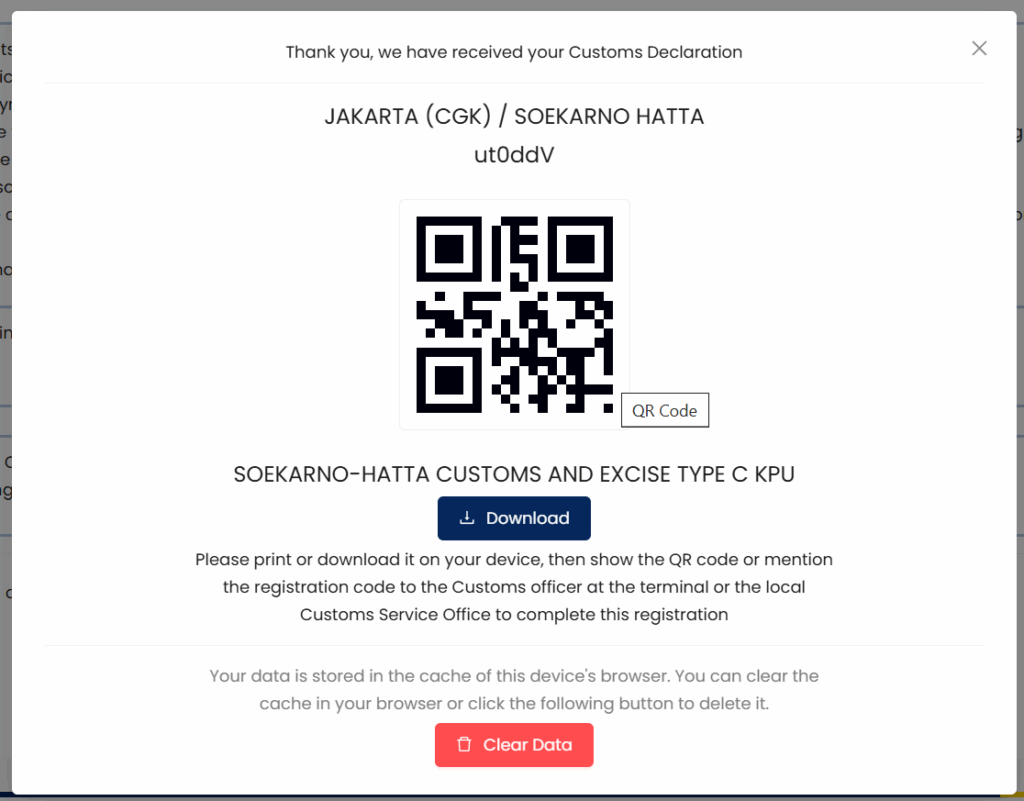 Konfirmasi kode QR untuk penyerahan pemberitahuan pabean elektronik indonesia di bandara soekarno-hatta