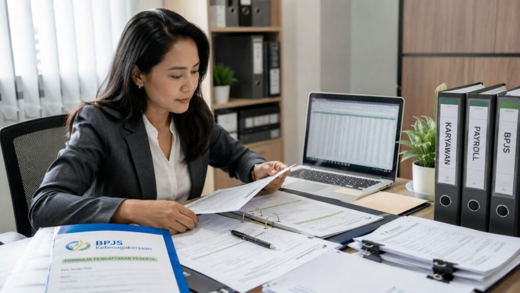 Hr manager reviewing bpjs registration forms, payroll records, and employee documents for workplace compliance.