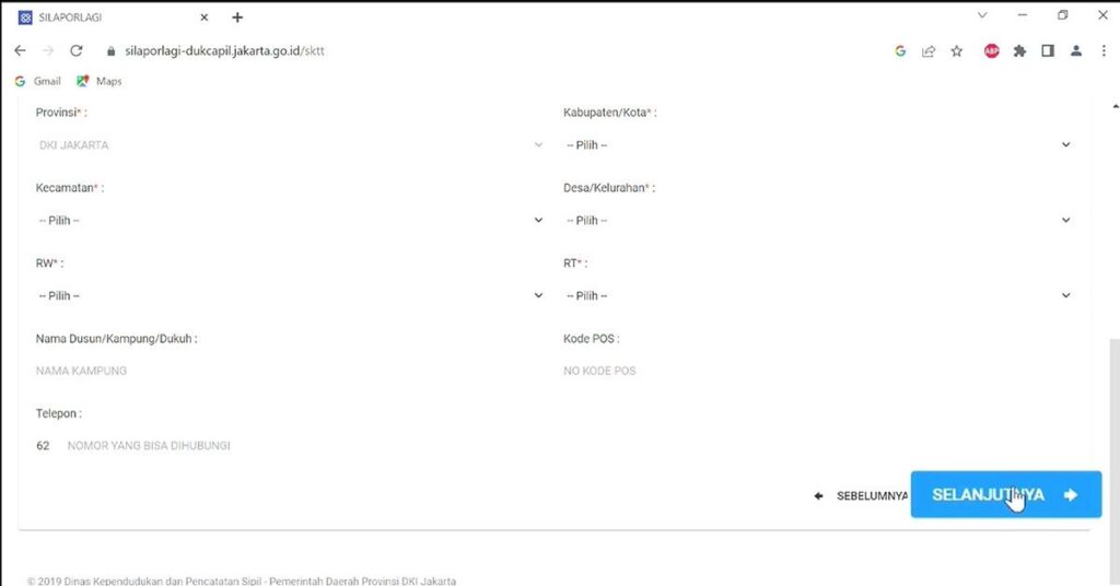 Screenshot of silaporlagi sktt “data alamat keluarga” form asking for province, city, district, rw, rt, village, phone number, and postal code.