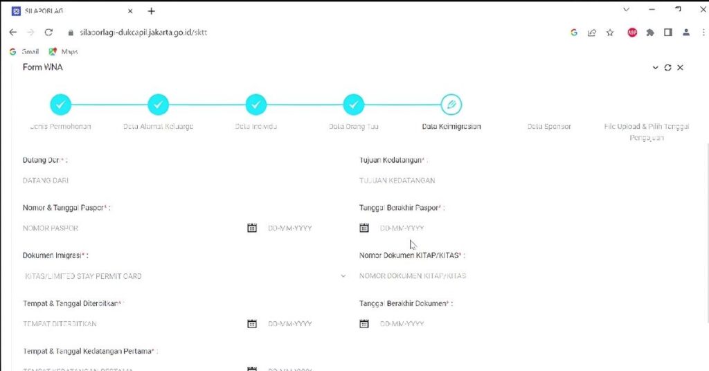 Screenshot of silaporlagi sktt “data keimigrasian” step asking for passport number, kitas or kitap document details, dates, and purpose of arrival.