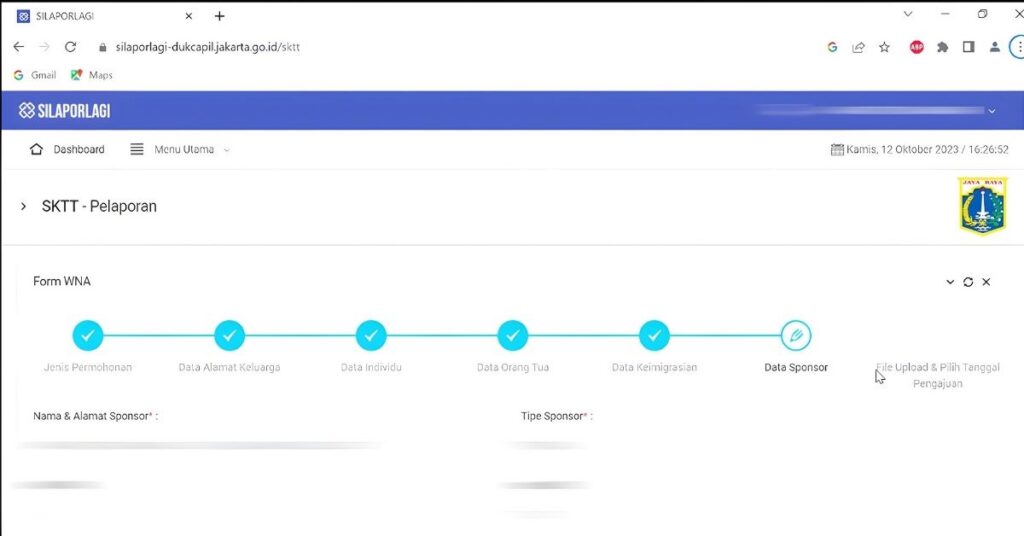 Screenshot of silaporlagi sktt “data sponsor” section where the user enters sponsor name, address, and sponsor type.