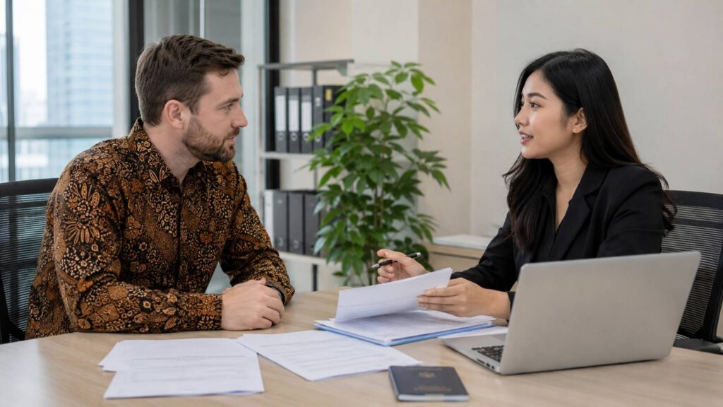 Foreign professional discussing bpjs and employment registration with an indonesian hr officer in a modern office.