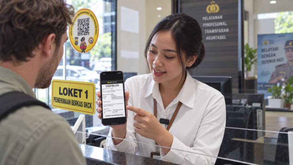 Foreign applicant receiving skck application guidance at an indonesian police service counter while showing payment confirmation on a phone