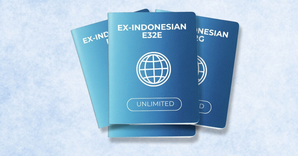Blue visa-style cards labeled “ex-indonesian e32e” and “unlimited,” illustrating indonesia gci visa options (e32 series).
