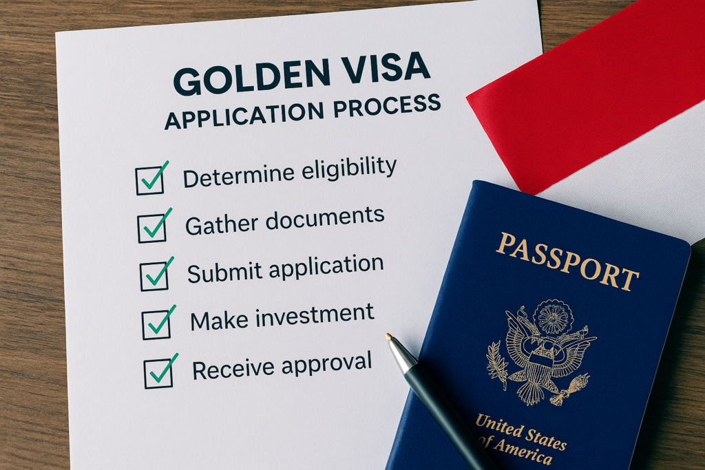 Junto a un pasaporte estadounidense y una bandera indonesia doblada, una lista dorada de comprobación para solicitar un visado representa los pasos necesarios para obtener la residencia de larga duración en Indonesia.