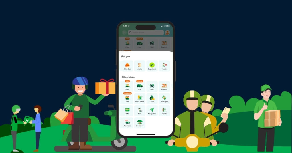 Ilustrasi layanan aplikasi Grab yang ditampilkan di layar ponsel, dikelilingi oleh para pengemudi Grab yang membawa paket, makanan, dan sepeda.
