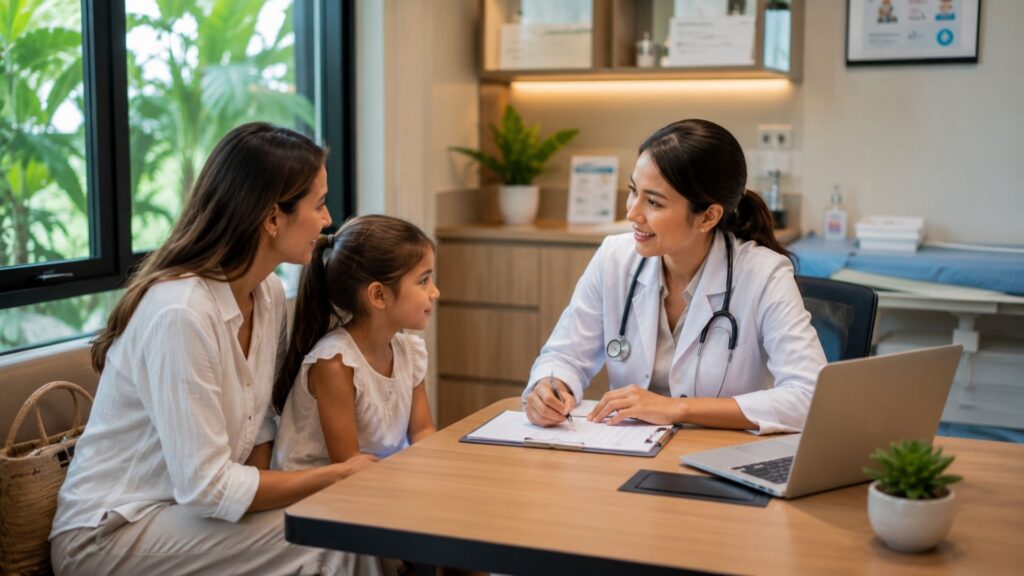 Una madre e una figlia parlano con un medico durante una visita in una clinica moderna a Bali.
