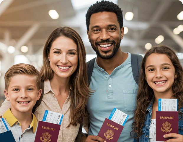 Щаслива сім'я з паспортами та візовими документами