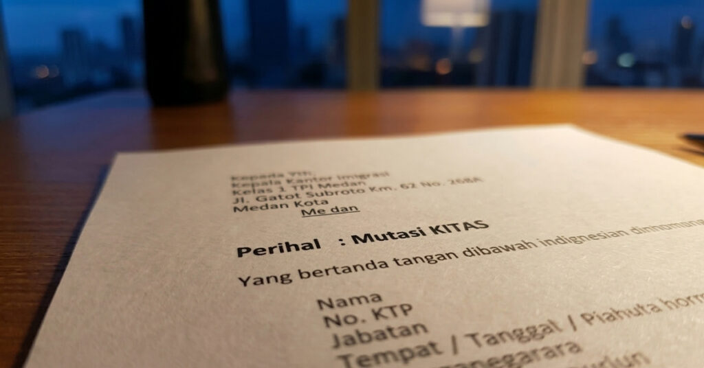 Close-up of an indonesian document titled “perihal: mutasi kitas,” related to a kitas address mutation process.