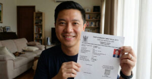자카르타에서 발급받은 새로 받은 SKTT 임시 거주 카드를 집에서 카메라 앞에서 들고 있는 미소 짓는 외국인.