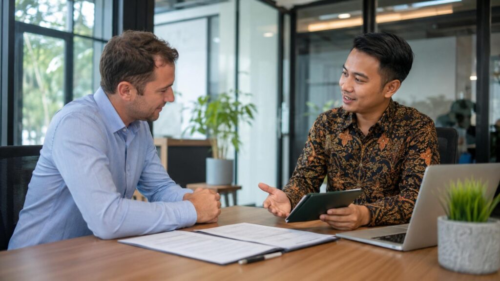 Foreign applicant applying for an indonesia exhibition visa on a laptop in a modern office, with passport, notebook, and exhibitor badge on the desk.