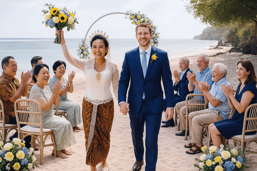 Happy indonesian bride in traditional kebaya and foreign groom in suit walking down the aisle at a beach wedding with family and guests clapping.