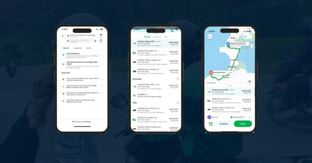 Tangkapan layar aplikasi Grab yang menunjukkan cara memesan tumpangan dari bandara bali dengan rute, tarif, dan detail pengemudi.