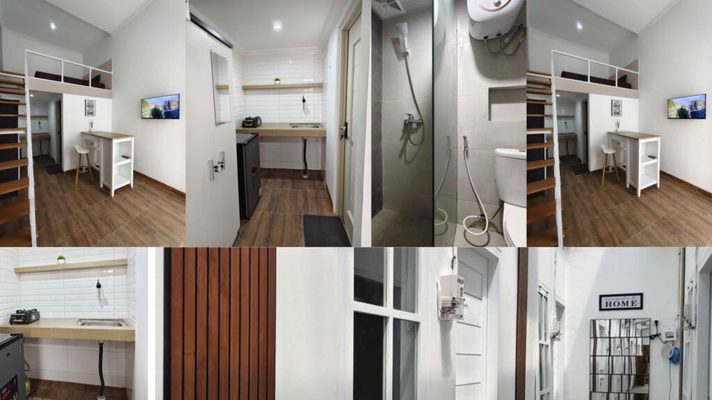Bali'de küçük bir mutfak, banyo, çalışma masası ve basit bir şekilde döşenmiş yaşam alanı içeren kompakt bir asma kat kiralık odanın kolajı.