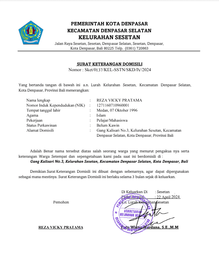 Carta de domicilio del gobierno de la ciudad de Denpasar.