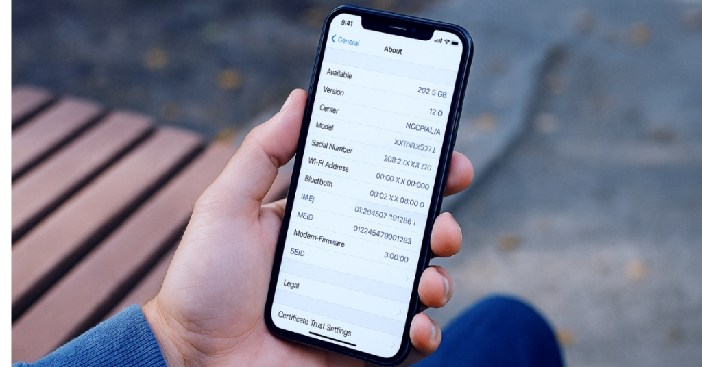 En person som håller en iphone utomhus med skärmen som visar enhetsinformation inklusive imei-numret i avsnittet om inställningar.