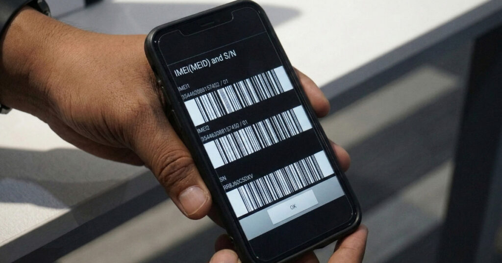 Close-up of a phone screen showing imei (international mobile equipment identity) barcodes for imei registration.