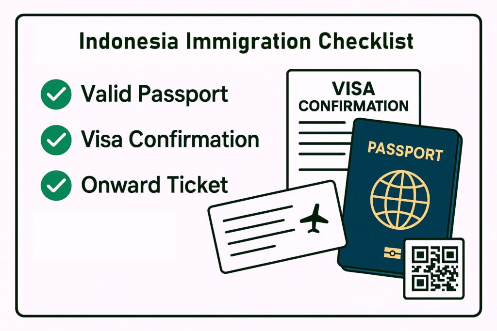 Інфографіка імміграційного контрольного списку для в'їзду в Балі з візуальними піктограмами, що показує дійсний паспорт, підтвердження візи та квиток на подальший шлях.