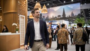 Foreign business traveler entering an indonesia exhibition hall with passport in hand, surrounded by trade fair attendees and indonesian batik details.