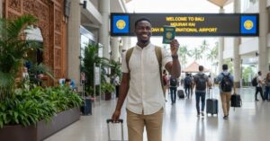Nigerian traveler arriving at bali ngurah rai airport holding his passport after getting indonesia calling visa approval.