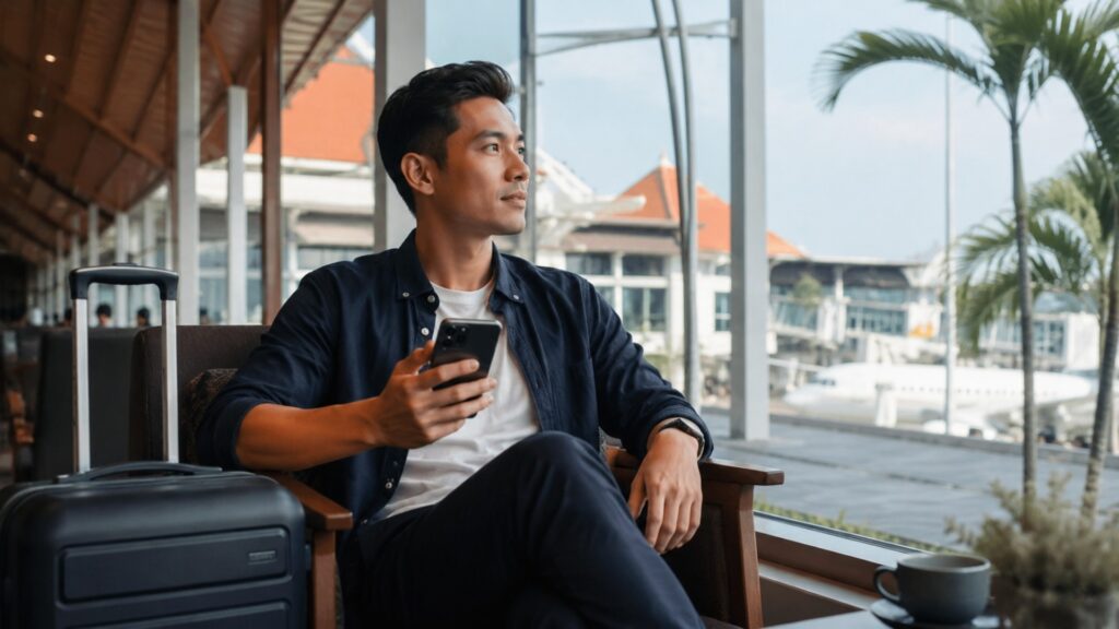Frequent traveler checking his phone in an airport lounge before another trip to indonesia.