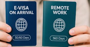 Two passport-style cards showing “e-visa on arrival 30/60 days” and “remote work 360 days”, highlighting the difference between short stay and digital nomad stay.