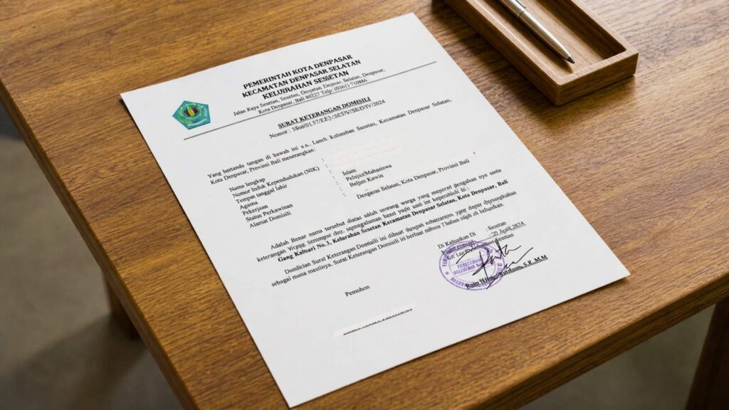 Indonesian domicile letter on a wooden desk, showing an official surat keterangan domisili document with a government stamp.