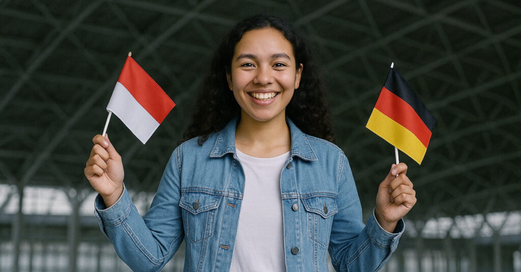 A smiling young woman holding indonesian and german flags, symbolizing dual citizenship, standing under a modern indoor ceiling.