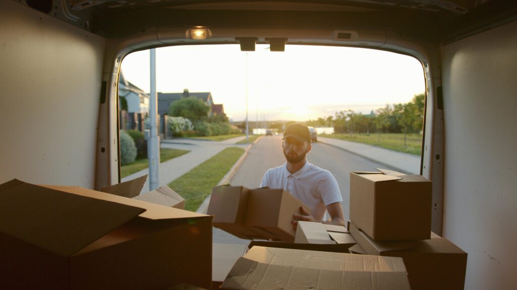 A man unloading moving boxes from the back of a van at sunset, representing the final stage of household goods import to indonesia.