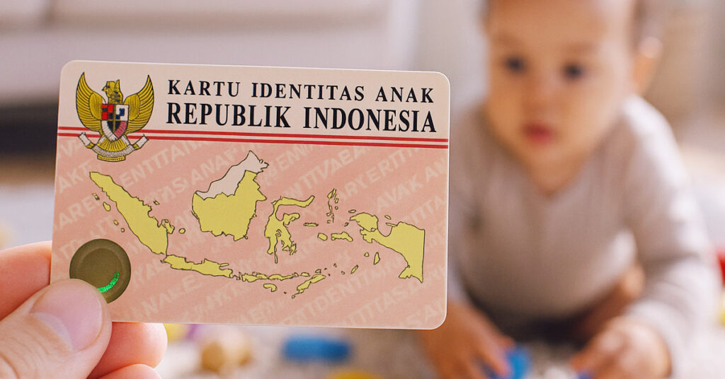 Carta d'identità indonesiana per bambini, kartu identitas anak (kia) tenuta a fuoco, con un bambino che gioca sullo sfondo, a simboleggiare la registrazione dell'identità infantile in Indonesia.