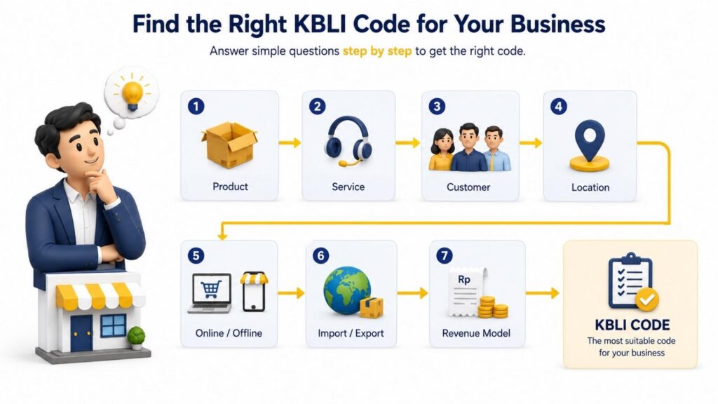 Step-by-step guide showing how business activity details lead to the right kbli code for an indonesian company.