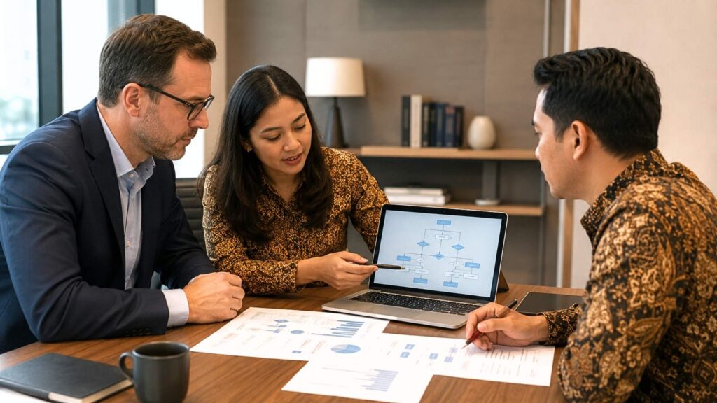 Foreign investor and indonesian consultants review business documents and a laptop flowchart for indonesia positive investment list and pt pma planning.