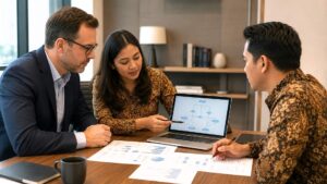 Foreign investor and indonesian consultants review business documents and a laptop flowchart for indonesia positive investment list and pt pma planning.