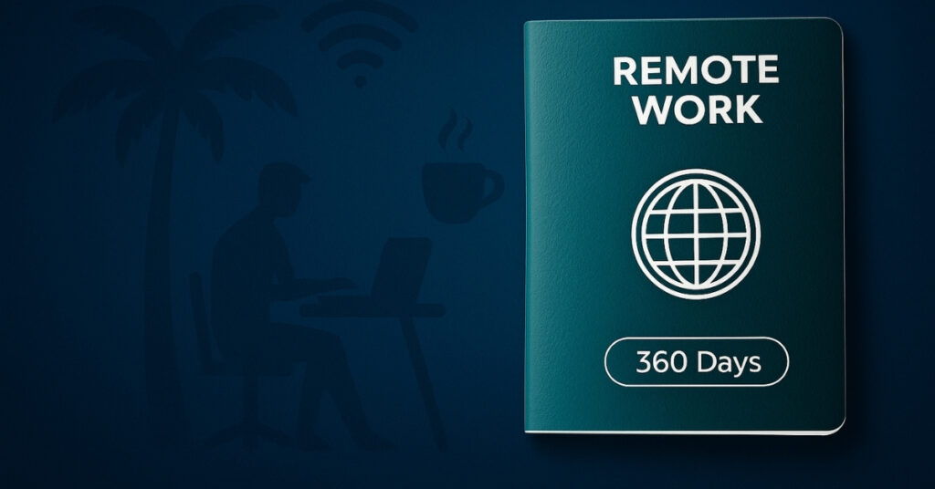 Remote Work 360 Days passport beside a silhouette of a digital nomad working by the beach with Wi-Fi, representing Indonesia’s legal remote worker visa option.