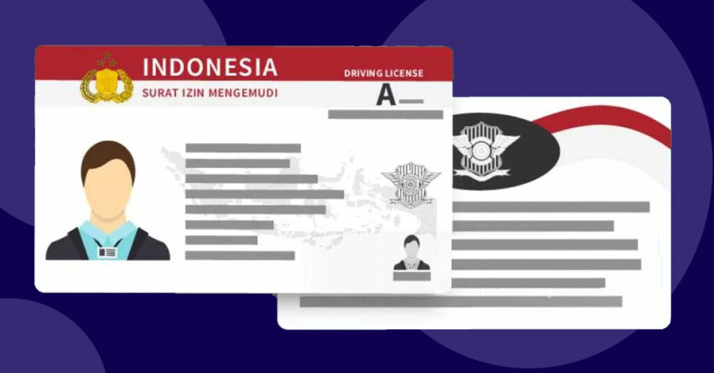 Een illustratie van het Indonesische rijbewijs (surat izin mengemudi - sim) met de voor- en achterkant van de kaart, inclusief persoonlijke gegevens, klasse-informatie en beveiligingskenmerken.