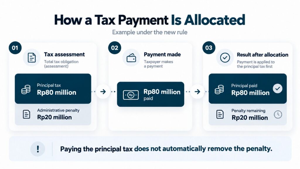 Infographic showing an rp80 million tax payment covering the principal tax while an rp20 million administrative penalty remains unpaid.