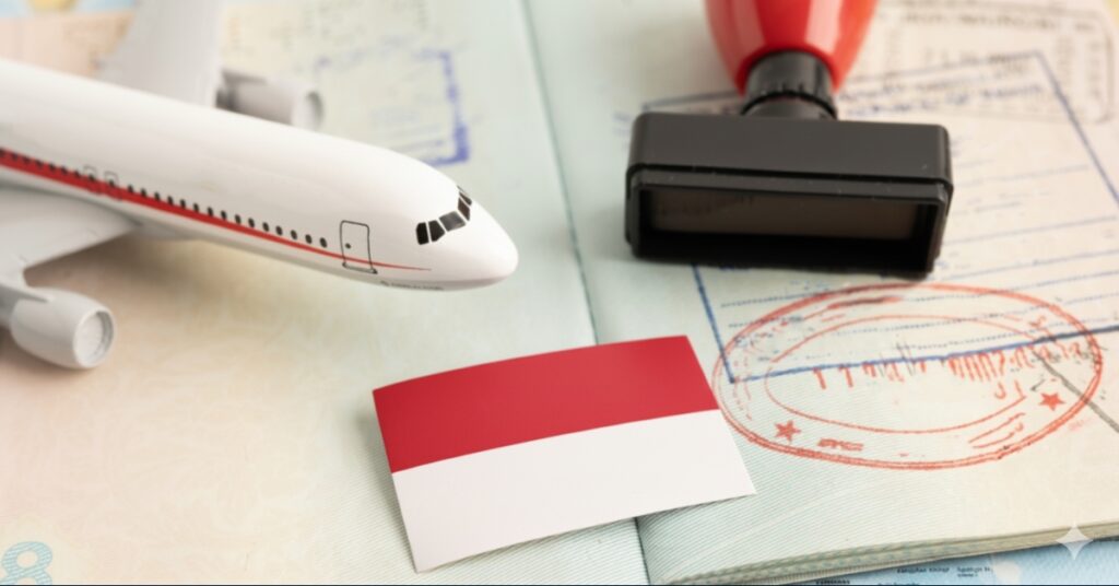 Modèle réduit d'avion, drapeau indonésien et tampon en caoutchouc sur un passeport ouvert, concept d'approbation de visa pour entrer en Indonésie.