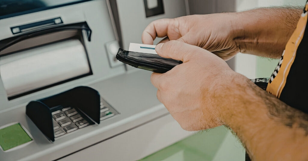Hands holding a bank card and wallet at an atm, representing simponi billing code payment for an indonesia visa.