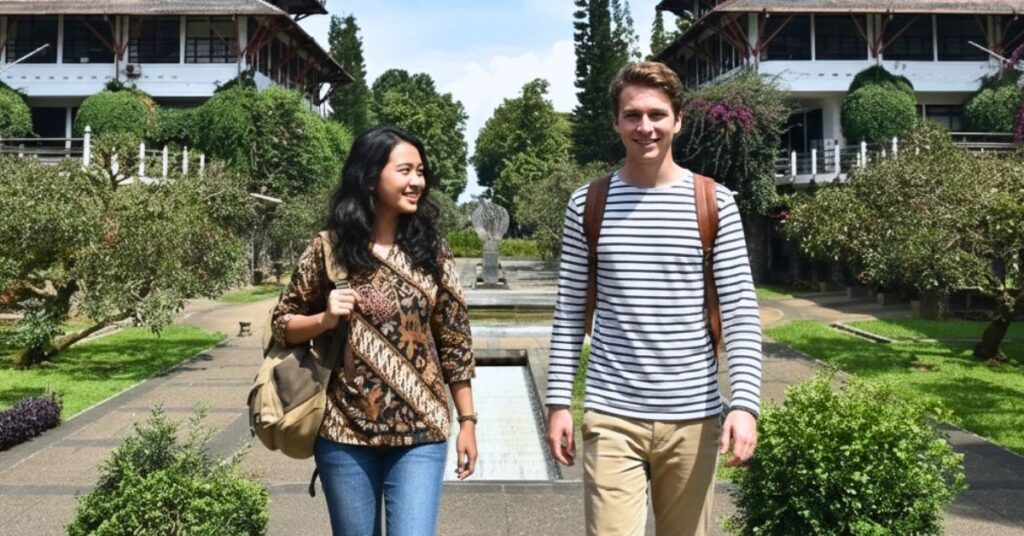 Indonesian and french student walking on a green campus during an indonesia student exchange program.
