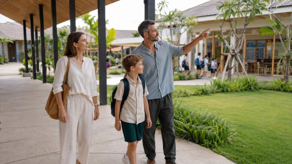 I genitori e il loro figlio visitano il campus di una scuola internazionale in stile tropicale a Bali.