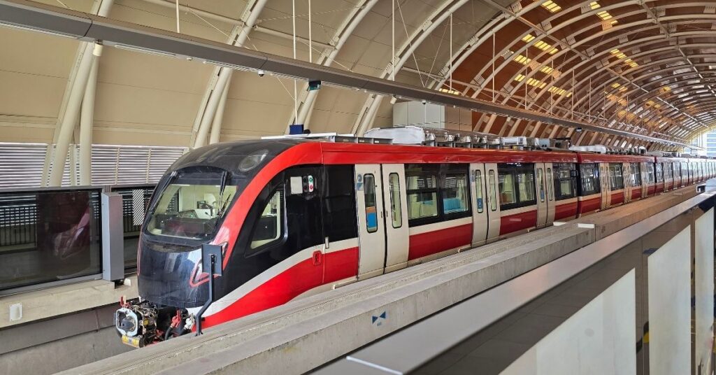 Jakarta MRT red-and-white train at a modern station—showing the capital’s fast public transit for travelers comparing Jakarta or Bali