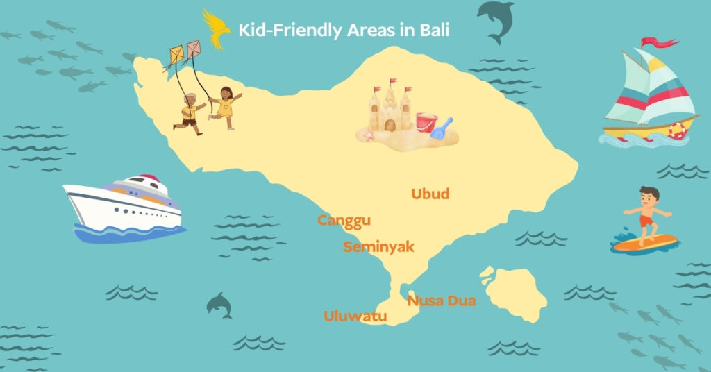 Carte illustrée montrant les zones de Bali adaptées aux enfants, telles que ubud, canggu, seminyak, nusa dua et uluwatu.