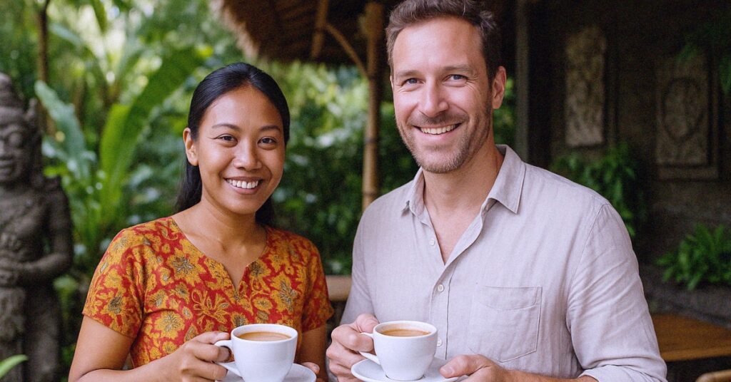 熱帯のインドネシアでコーヒーを楽しむ微笑ましいカップル。