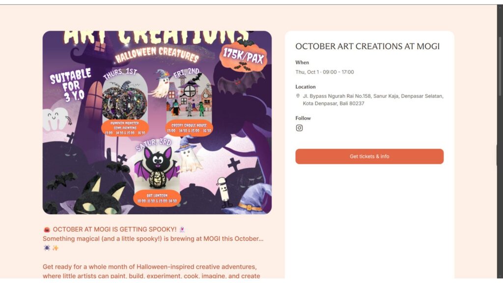 Senarai acara Knowmads Bali untuk Oktober: penciptaan seni di Mogi di Sanur, memaparkan aktiviti Halloween untuk kanak-kanak, butiran acara, dan maklumat tiket.