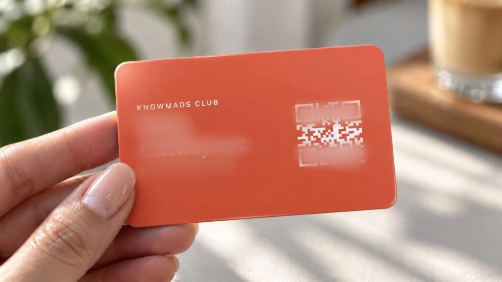 Rupaan dekat kad keahlian kelab Knowmads berwarna jingga yang memaparkan nama ahli, nombor ID dan kod QR.