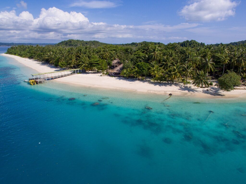 Білий піщаний пляж з пальмами та дерев'яним пірсом на курорті Aloita на островах Ментавай - безтурботна втеча та одне з найкращих місць в Індонезії для подорожей.
