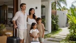 Una famiglia di quattro persone arriva in una moderna villa a Bali con valigie e scatole da trasloco.