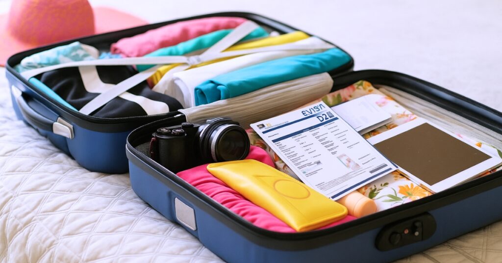 Maleta abierta con cámara, pasaporte y documento de visado electrónico d2, mostrando los preparativos de viaje para múltiples visitas de negocios a indonesia.