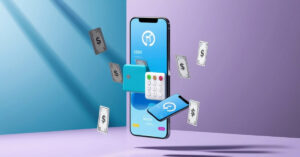 智能手机的 3d 插画，包含数字支付图标、浮动现金和应用程序元素，代表巴厘岛的货币应用程序和移动旅行工具。.